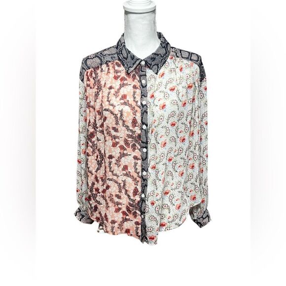 Free People Dani Button Down Top M Floral Long Sleeve Semi Sheer - Picture 1 of 6